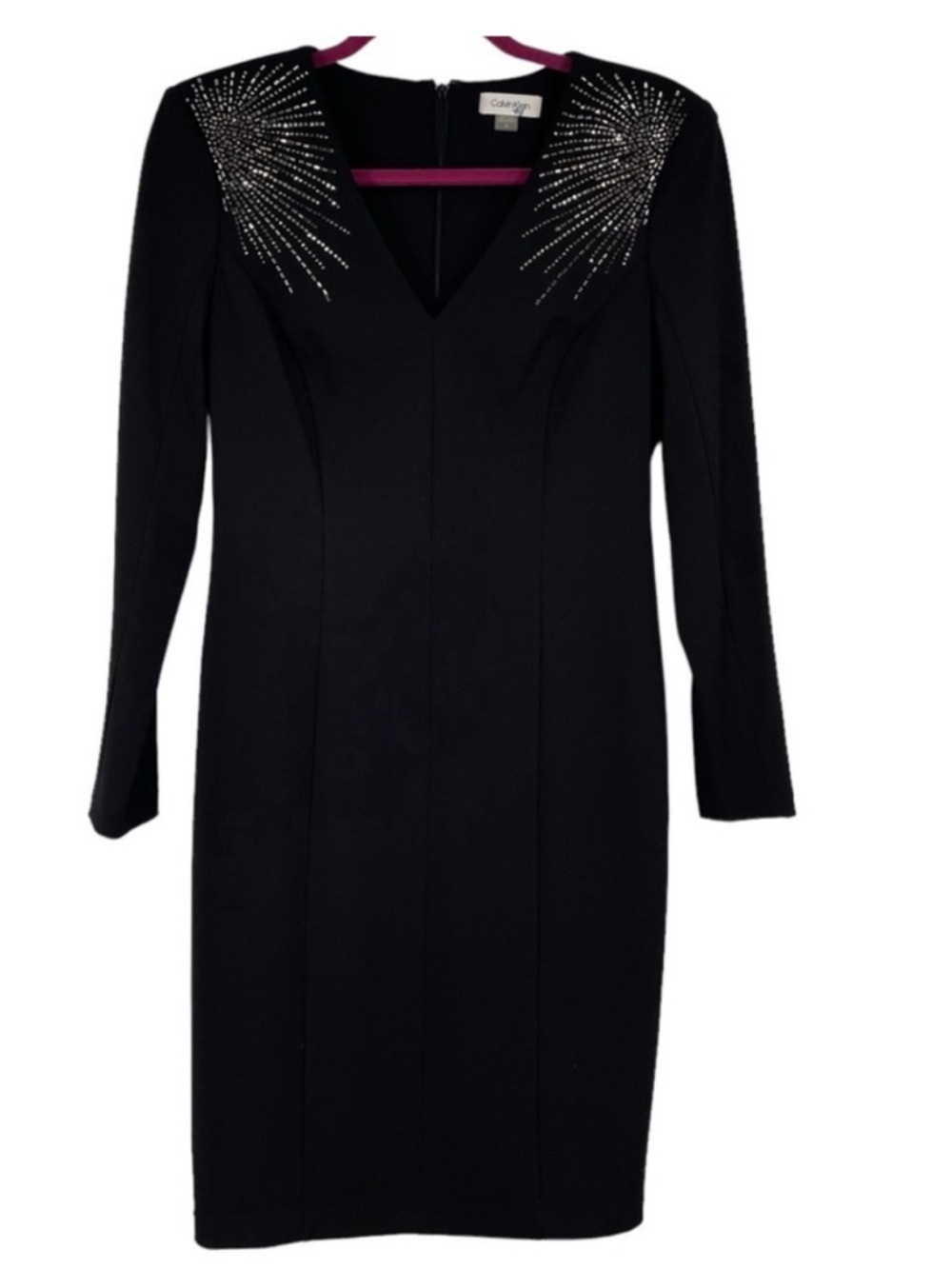 Calvin Klein V-Neck Sheath Dress Embellished Shoulders Black Size 6.